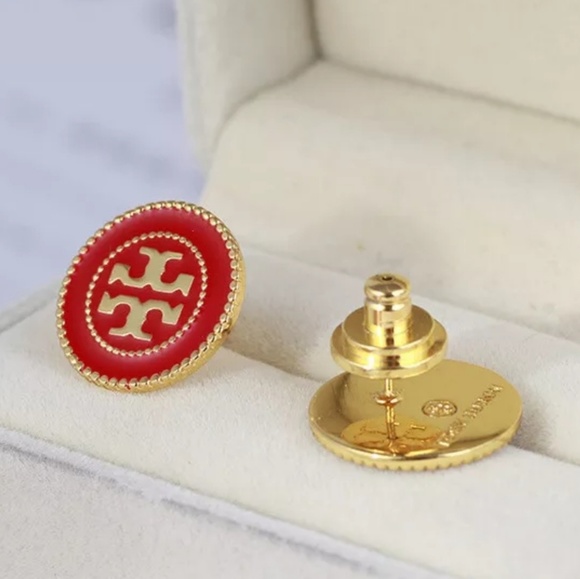 Tory Burch Red & Gold Button Logo Stud Earrings - Picture 4 of 5